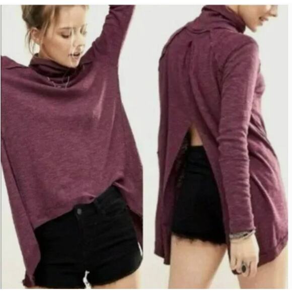 Free People Split Back Turtleneck Long Sleeve Shirt Sweater Ribbed Gray- S - Picture 3 of 5